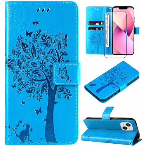 Hancda Handyhülle für iPhone 13 / iPhone 14, Lederhülle mit gehärtetem Glas, Displayschutzfolie, Brieftasche, Kartenhalter, Schlitz, Blumen-Design, magnetische Schutzhülle, Klappschutzhülle für iPhone von Hancda