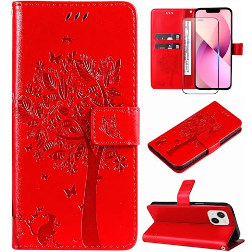 Hancda Handyhülle für iPhone 13 / iPhone 14, Lederhülle mit gehärtetem Glas, Displayschutzfolie, Brieftasche, Kartenhalter, Schlitz, Blumen-Design, magnetische Schutzhülle, Klappschutzhülle für iPhone von Hancda