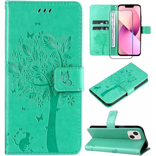 Hancda Handyhülle für iPhone 13 / iPhone 14, Lederhülle mit gehärtetem Glas, Displayschutzfolie, Brieftasche, Kartenhalter, Schlitz, Blumen-Design, magnetische Schutzhülle, Klappschutzhülle für iPhone Hancda Handyhülle für iPhone 13 / iPhone 14, Lederhülle mit gehärtetem Glas, Displayschutzfolie, Brieftasche, Kartenhalter, Schlitz, Blumen-Design, magnetische Schutzhülle, Klappschutzhülle für iPhone von Hancda