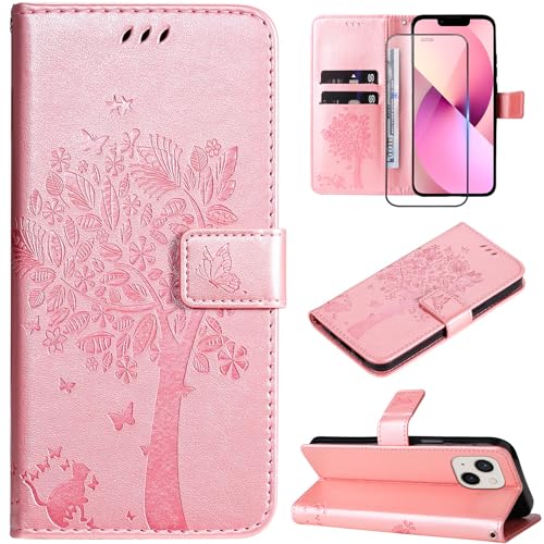 Hancda Handyhülle für iPhone 13 / iPhone 14, Lederhülle mit gehärtetem Glas, Displayschutzfolie, Brieftasche, Kartenhalter, Schlitz, Blumendesign, magnetische Schutzhülle, Klappschutzhülle für iPhone von Hancda