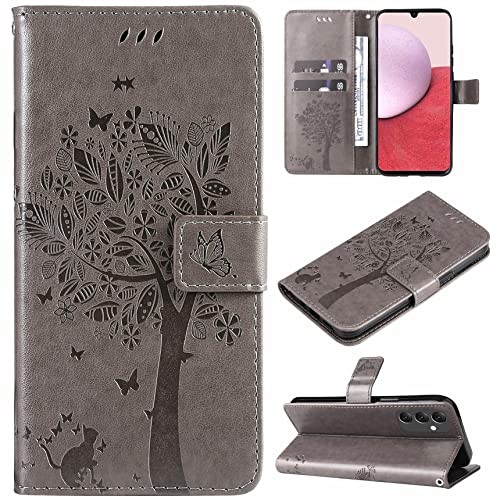 Hancda Hülle für Samsung Galaxy A14 5G/4G Schutzhülle Handyhülle Leder Hülle Klappbar Klapphülle Dünn Silikon Cover Tasche mit Motiv Kartenfach Magnet Flip Case für Samsung Galaxy A14 5G/4G,Grau von Hancda