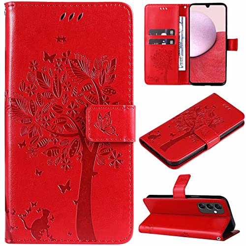 Hancda Hülle für Samsung Galaxy A14 5G/4G Schutzhülle Handyhülle Leder Hülle Klappbar Klapphülle Dünn Silikon Cover Tasche mit Motiv Kartenfach Magnet Flip Case für Samsung Galaxy A14 5G/4G,Rot von Hancda