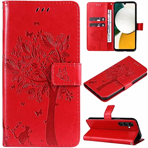 Hancda Hülle für Samsung Galaxy A34 5G, Schutzhülle Handyhülle Leder Hülle Klappbar Flip Case Klapphülle Dünn Silikon Cover mit Motiv Kartenfach Magnet Handytasche für Samsung Galaxy A34 5G,Rot von Hancda