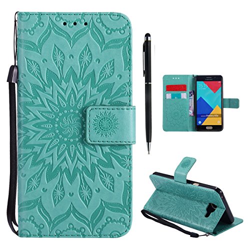 Hancda Hülle für Samsung Galaxy A5 2016 / A510 Hülle Leder Flip Case, Schutzhülle Ledertasche Handyhüllen Cover Magnet Geldbörse Stoßfest Handytasche für Samsung Galaxy A5 2016/A510,Blume Grün von Hancda