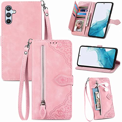 Hancda Hülle für Samsung Galaxy A54 5G, Handyhülle Klapphülle mit Geldbörse Geldfach Kartenfach Blumen Muster Leder Tasche Klappbar Flip Case Schutzhülle für Samsung Galaxy A54 5G,Rosa von Hancda