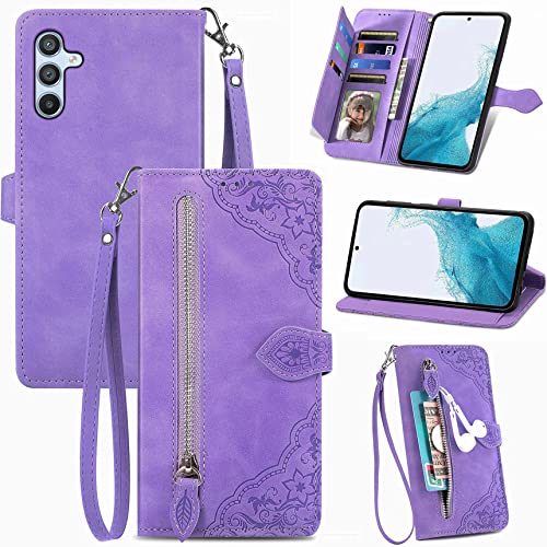 Hancda Hülle für Samsung Galaxy A54 5G, Handyhülle Klapphülle mit Geldbörse Geldfach Kartenfach Blumen Muster Leder Tasche Klappbar Flip Case Schutzhülle für Samsung Galaxy A54 5G,Violett von Hancda