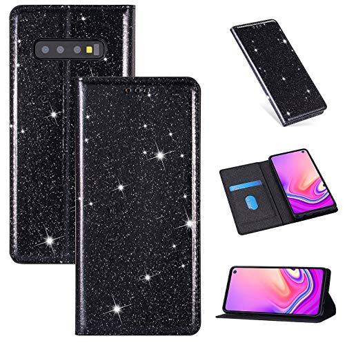 Hancda Hülle für Samsung Galaxy S10, Handyhülle Flip Case Glitzer Bling Hülle Leder Tasche Schutzhülle Handytasche mit ein Kartenfach Klapphülle für Samsung Galaxy S10,Schwarz von Hancda