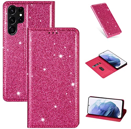 Hancda Hülle für Samsung Galaxy S23 Ultra (Nicht für S23), Handyhülle Flip Case Glitzer Hülle Klappbar Leder Tasche Schutzhülle mit EIN Kartenfach Klapphülle für Samsung S23 Ultra,Rose Rot von Hancda