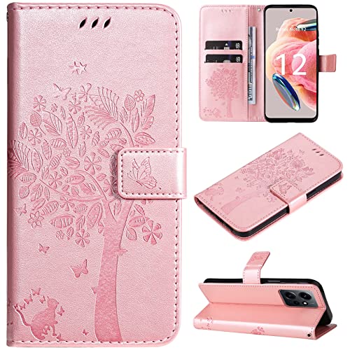 Hancda Hülle für Xiaomi Redmi Note 12 4G, Schutzhülle Handyhülle Leder Hülle Klappbar Tasche Klapphülle Dünn Silikon Cover mit Motiv Kartenfach Magnet Flip Case für Xiaomi Redmi Note 12 4G,Rose Gold von Hancda