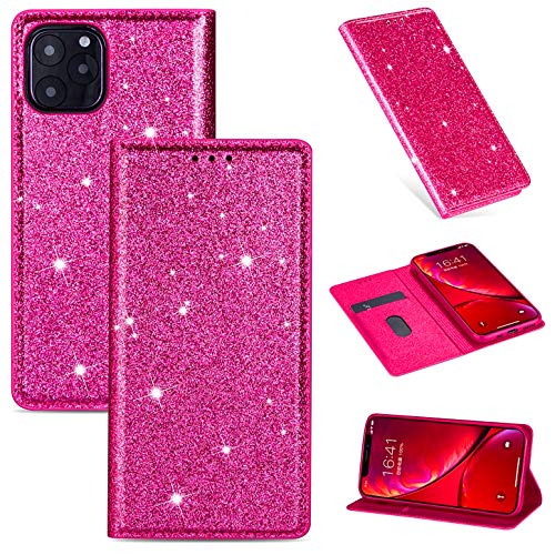 Hancda Hülle für iPhone 11, Handyhülle Flip Case Glitzer Bling Hülle Leder Tasche Schutzhülle Handytasche mit ein Kartenfach Klapphülle für iPhone 11,Rose Rot von Hancda