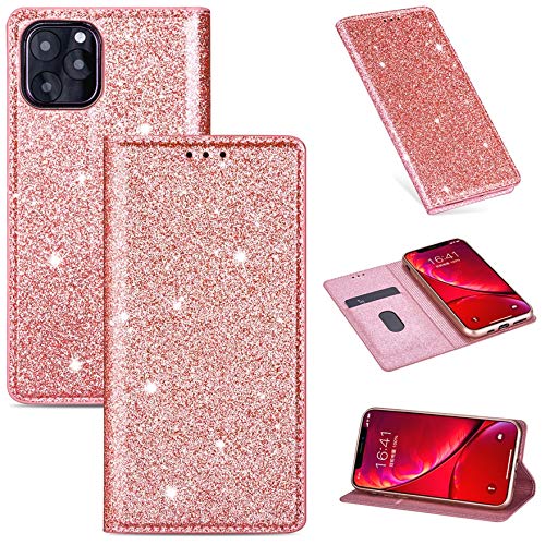 Hancda Hülle für iPhone 12 / iPhone 12 Pro (6.1"), Handyhülle Flip Case Glitzer Bling Hülle Leder Tasche Schutzhülle Handytasche mit ein Kartenfach Klapphülle für iPhone 12 / iPhone 12 Pro,Rose Gold von Hancda