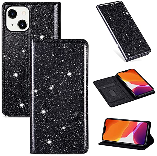 Hancda Hülle für iPhone 13 / iPhone 14, Handyhülle Flip Case Glitzer Bling Hülle Leder Tasche Schutzhülle Glänzend Handytasche mit ein Kartenfach Etui Klapphülle für iPhone 13 / iPhone 14,Schwarz von Hancda