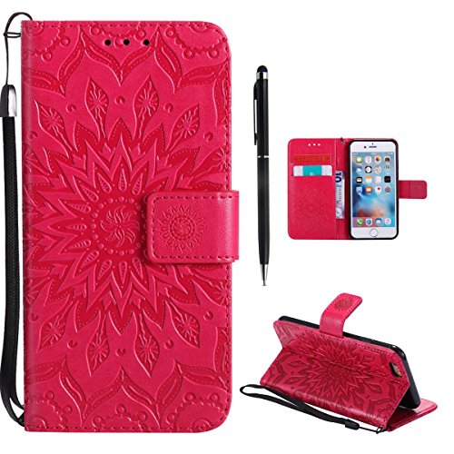 Hancda Hülle für iPhone 6 / iPhone 6S Hülle Leder Flip Case, Schutzhülle Ledertasche Handyhüllen Cover Magnet Dünn Geldbörse Taschen Stoßfest Handytasche für iPhone 6 / iPhone 6S,Blume Rot von Hancda