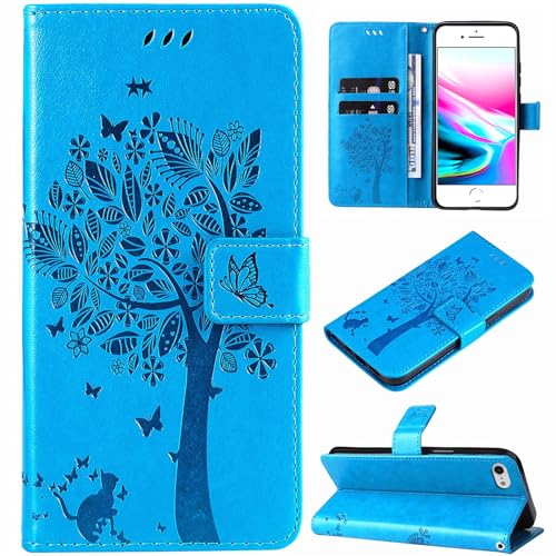 Hancda Hülle für iPhone SE 2022 / iPhone SE 2020 / iPhone 8 / iPhone 7 Schutzhülle Handyhülle Leder Hülle Klappbar Klapphülle Handytasche Dünn Cover mit Motiv Kartenfach Magnet Flip Case,Blau von Hancda