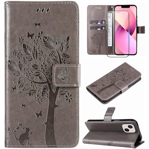 Hancda Schutzhülle für iPhone 13 / iPhone 14, Leder mit gehärtetem Glas, Displayschutzfolie, Kartenhalter, Schlitz, Blumendesign, magnetische Schutzhülle, Klapphülle für iPhone 13/iPhone 14, Grau Hancda Schutzhülle für iPhone 13 / iPhone 14, Leder mit gehärtetem Glas, Displayschutzfolie, Kartenhalter, Schlitz, Blumendesign, magnetische Schutzhülle, Klapphülle für iPhone 13/iPhone 14, Grau von Hancda