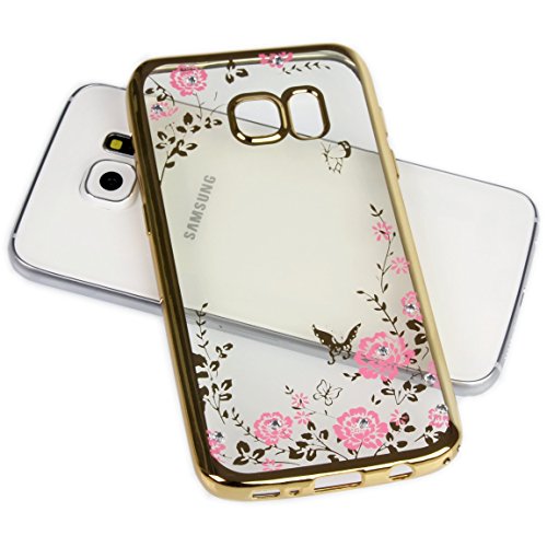 Handy Lux® Schutz Hülle Silikon Case mit Glitzer Steine Strass Cover für Huawei Honor P Smart Modell 2017, Gold Hülle - Rosa Blume von Handy Lux