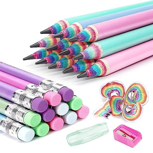 Hanffero Regenbogen Bleistifte, Zeichnung Schreiben Bleistift mit Gummi, Recycelbares Papiermaterial, Vorgespitzt, Für Schule und Büro - Härtegrad HB (24 Stück) von Hanffero