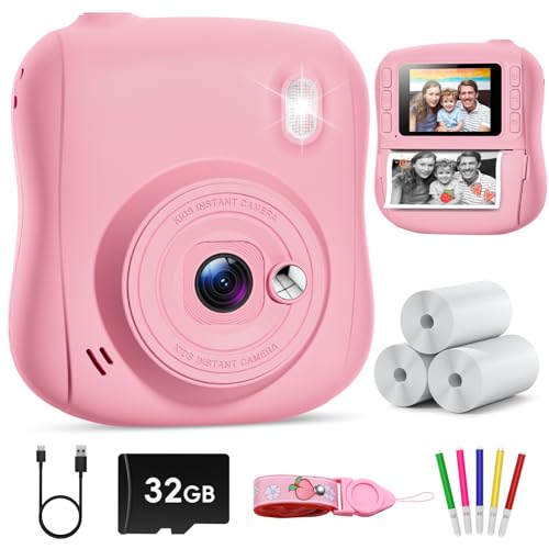 Hangrui Kinderkamera Sofortbildkamera, 14MP Sofortbildkamera Kinder mit 32G Karte & Druckpapier, 1080P Kamera Kinder Sofortdruck mit Farbige Stifte, Geschenk für 3-12 Jungen und Mädchen von Hangrui