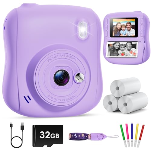 Hangrui Kinderkamera Sofortbildkamera, 14MP Sofortbildkamera Kinder mit 32G Karte & Druckpapier, 1080P Kamera Kinder Sofortdruck mit Farbige Stifte, Geschenk für 3-12 Jungen und Mädchen von Hangrui