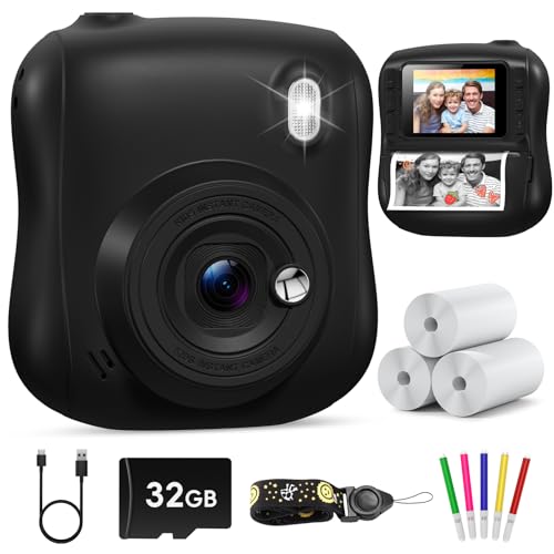 Hangrui Kinderkamera Sofortbildkamera, 14MP Sofortbildkamera Kinder mit 32G Karte & Druckpapier, 1080P Kamera Kinder Sofortdruck mit Farbige Stifte, Geschenk für 3-12 Jungen und Mädchen von Hangrui