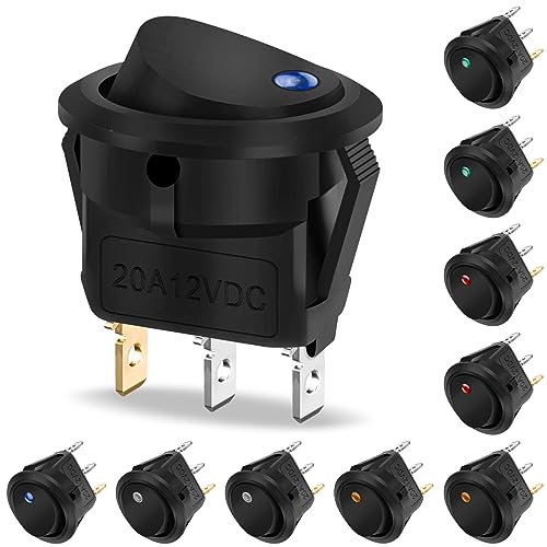 10 Stück Wippschalter 12v DC 20A, Hanibos Kippschalter 12v Beleuchtet Rund mit 5 LED Farbe KFZ Einrastbare mit Selbsthemmung Runde Schalter für Auto, Boot, Haushaltsgeräte von Hanibos