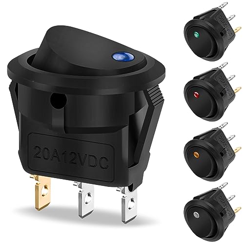 5 Stück Wippschalter 12v DC 20A, Hanibos Kippschalter 12v Beleuchtet Rund mit 5 LED Farbe KFZ Einrastbare mit Selbsthemmung Runde Schalter für Auto, Boot, Haushaltsgeräte von Hanibos