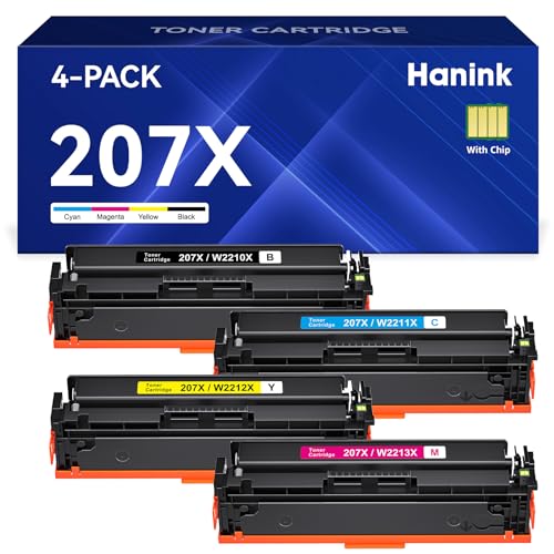 Hanink 207X Toner mit Chip Kompatibel für HP 207X 207A Set für HP Color Laserjet Pro MFP M283fdw M283fdn M255dw M282nw M255nw M283 W2210X W2211X W2212X W2213X (Schwarz Cyan Yellow Magenta, 4-Pack) von Hanink