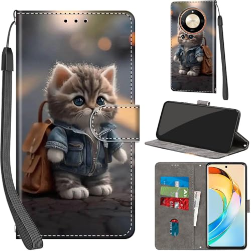Handyhülle für Honor Magic 6 Lite Hülle PU Leder Schutzhülle Klappbar mit Kartenfach Ständer Handytasche mit Kameraschutz Flip Case Klapphülle für Honor Magic 6 Lite, Katze von Haninsuze
