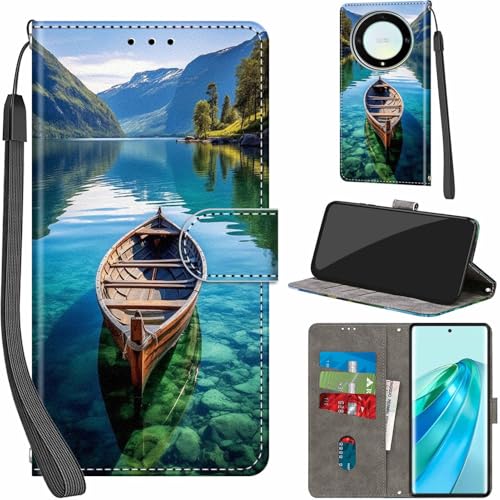 Handyhülle für Honor Magic5 Lite Hülle PU Leder Schutzhülle Klappbar mit Kartenfach Ständer Handytasche mit Kameraschutz Flip Case Klapphülle für Honor Magic5 Lite, Boot von Haninsuze