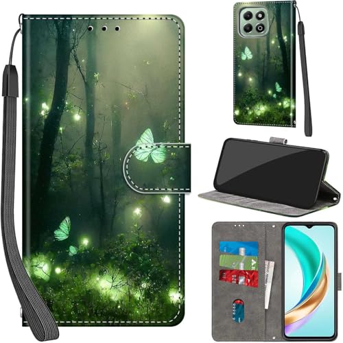 Handyhülle für Honor X6b 4G Hülle PU Leder Schutzhülle Klappbar mit Kartenfach Ständer Handytasche mit Kameraschutz Flip Case Klapphülle, Waldschmetterling von Haninsuze