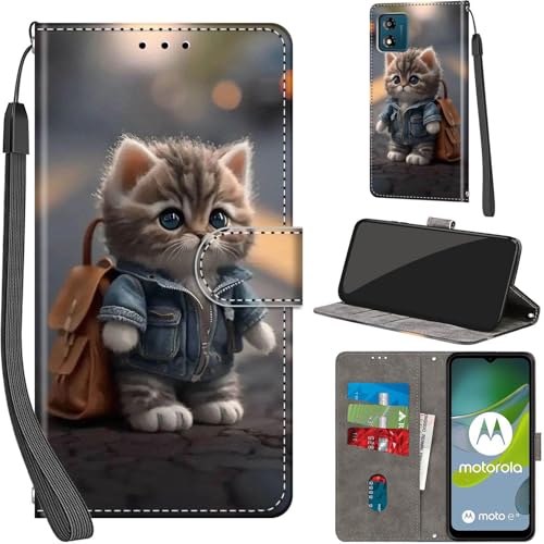 Handyhülle für Motorola Moto E13 Hülle PU Leder Schutzhülle Klappbar mit Kartenfach Ständer Handytasche mit Kameraschutz Flip Case Klapphülle für Moto E13, Katze von Haninsuze