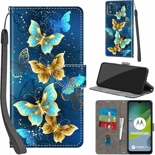 Handyhülle für Motorola Moto E13 Hülle PU Leder Schutzhülle Klappbar mit Kartenfach Ständer Handytasche mit Kameraschutz Flip Case Klapphülle für Moto E13, Vier Schmetterlinge von Haninsuze