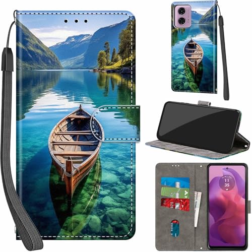 Handyhülle für Motorola Moto E14 / G04 4G / G24 4G Hülle PU Leder Schutzhülle Klappbar mit Kartenfach Ständer Handytasche Flip Case Klapphülle für Motorola E14/G04/G24, Boot von Haninsuze