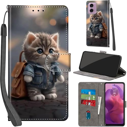 Handyhülle für Motorola Moto E14 / G04 4G / G24 4G Hülle PU Leder Schutzhülle Klappbar mit Kartenfach Ständer Handytasche Flip Case Klapphülle für Motorola E14/G04/G24, Katze von Haninsuze