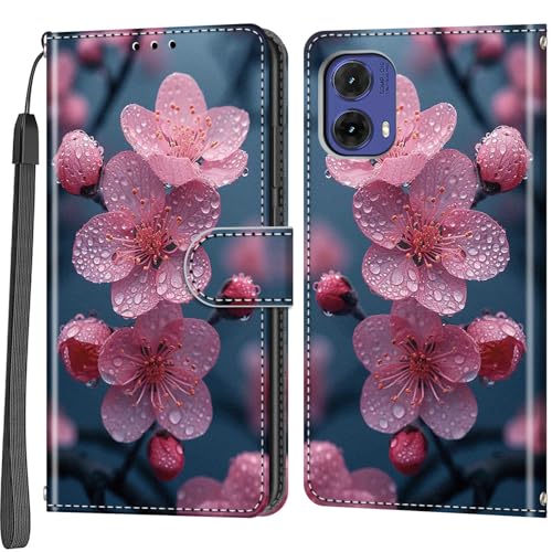 Handyhülle für Motorola Moto G85 5G Hülle, Magnetische Stoßfeste Flip Leder Schutzhülle Klapphülle, Pfirsichblüte von Haninsuze