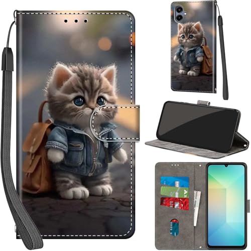 Handyhülle für Samsung Galaxy A06 Hülle PU Leder Schutzhülle Klappbar mit Kartenfach Ständer Handytasche mit Kameraschutz Flip Case Klapphülle, Katze von Haninsuze