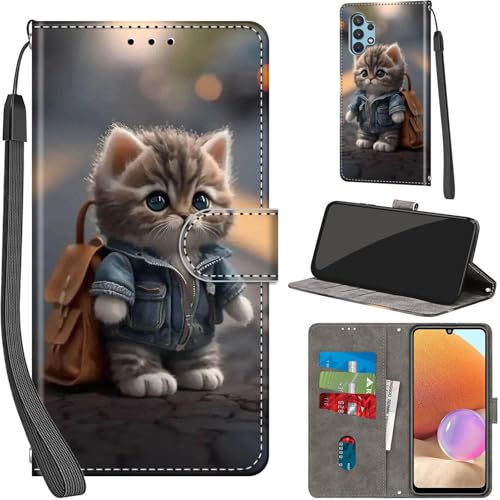 Handyhülle für Samsung Galaxy A32 4G Hülle PU Leder Schutzhülle Klappbar mit Kartenfach Ständer Handytasche mit Kameraschutz Flip Case Klapphülle für Samsung A32 4G, Katze von Haninsuze