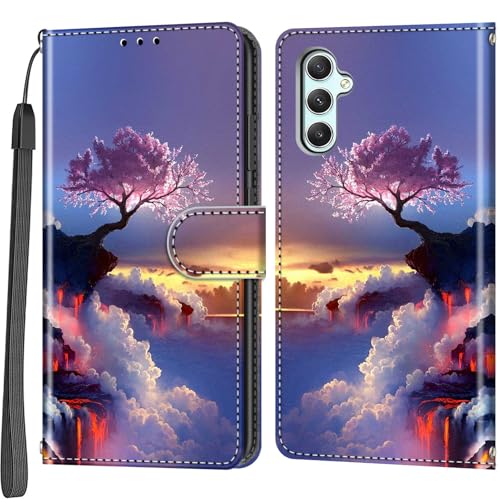 Handyhülle für Samsung Galaxy A34 5G Hülle, Magnetische Stoßfeste Flip Leder Schutzhülle Klapphülle, rosa Baum von Haninsuze