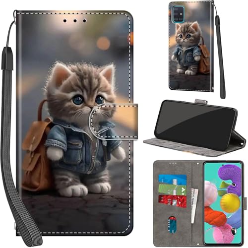 Handyhülle für Samsung Galaxy A51 4G Hülle PU Leder Schutzhülle Klappbar mit Kartenfach Ständer Handytasche mit Kameraschutz Flip Case Klapphülle für Samsung A51, Katze von Haninsuze
