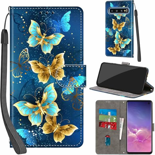 Handyhülle für Samsung Galaxy S10 Hülle PU Leder Schutzhülle Klappbar mit Kartenfach Ständer Handytasche mit Kameraschutz Flip Case Klapphülle für Samsung S10, Vier Schmetterlinge von Haninsuze