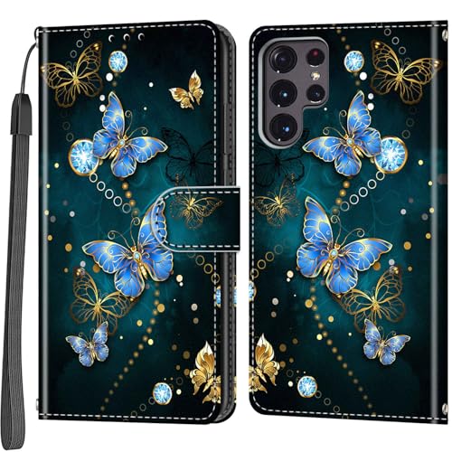 Handyhülle für Samsung Galaxy S22 Ultra Hülle, Magnetische Stoßfeste Flip Leder Schutzhülle Klapphülle, Schmetterling von Haninsuze