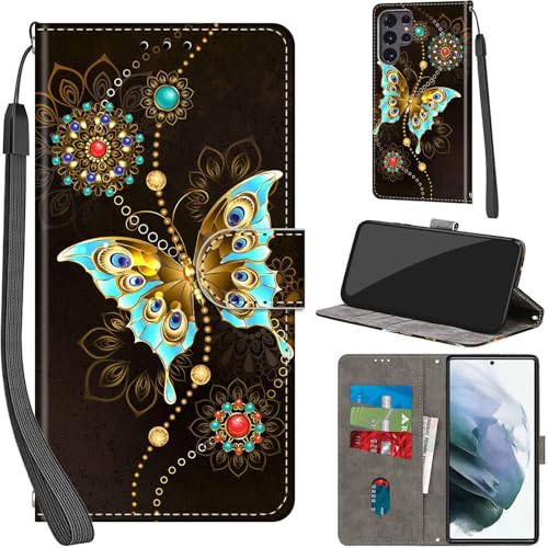 Handyhülle für Samsung Galaxy S22 Ultra Hülle PU Leder Schutzhülle Klappbar mit Kartenfach Ständer Handytasche mit Kameraschutz Flip Case Klapphülle für Samsung S22 Ultra, grüner Schmetterling von Haninsuze