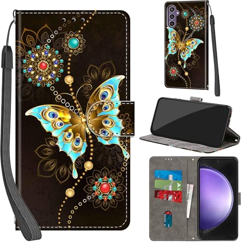 Handyhülle für Samsung Galaxy S23 FE 5G Hülle PU Leder Schutzhülle Klappbar mit Kartenfach Ständer Handytasche mit Kameraschutz Flip Case Klapphülle für Samsung S23 FE 5G, grüner Schmetterling von Haninsuze