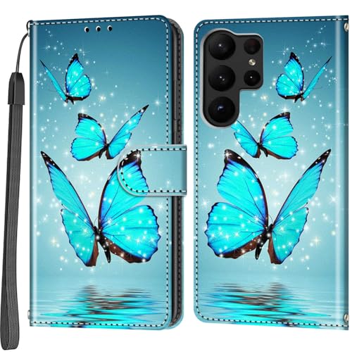 Handyhülle für Samsung Galaxy S23 Ultra Hülle, Magnetische Stoßfeste Flip Leder Schutzhülle Klapphülle, Schmetterling von Haninsuze