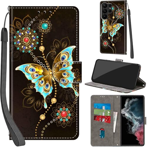 Handyhülle für Samsung Galaxy S23 Ultra Hülle PU Leder Schutzhülle Klappbar mit Kartenfach Ständer Handytasche mit Kameraschutz Flip Case Klapphülle für Samsung S23 Ultra, grüner Schmetterling von Haninsuze