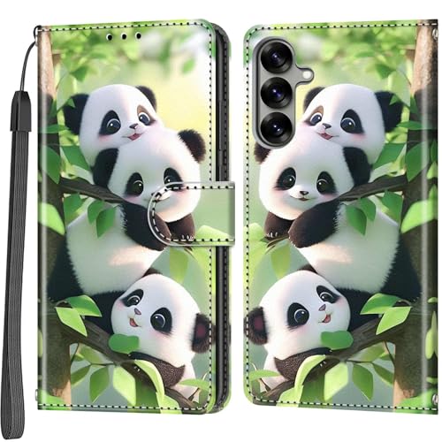 Handyhülle für Samsung Galaxy S25 5G Hülle, Magnetische Stoßfeste Flip Leder Schutzhülle Klapphülle, Panda von Haninsuze