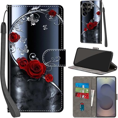 Handyhülle für Samsung Galaxy S25 Ultra Hülle PU Leder Schutzhülle Klappbar mit Kartenfach Ständer Handytasche mit Kameraschutz Flip Case Klapphülle, silberner Schmetterling von Haninsuze