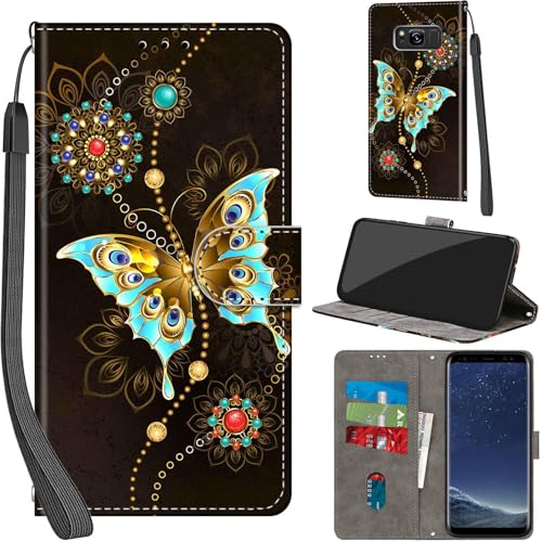 Handyhülle für Samsung Galaxy S8 Hülle PU Leder Schutzhülle Klappbar mit Kartenfach Ständer Handytasche mit Kameraschutz Flip Case Klapphülle für Samsung S8, grüner Schmetterling von Haninsuze