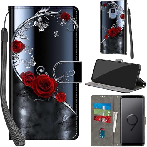 Handyhülle für Samsung Galaxy S9 Hülle PU Leder Schutzhülle Klappbar mit Kartenfach Ständer Handytasche mit Kameraschutz Flip Case Klapphülle für Samsung S9, silberner Schmetterling von Haninsuze