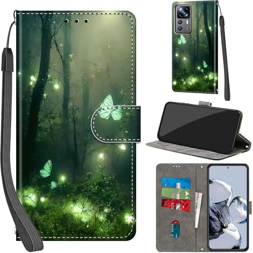 Handyhülle für Xiaomi 12T/12T Pro 5G Hülle PU Leder Schutzhülle Klappbar mit Kartenfach Ständer Handytasche mit Kameraschutz Flip Case Klapphülle für Xiaomi 12T, Waldschmetterling von Haninsuze